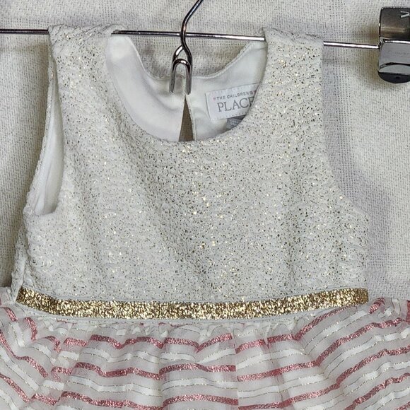 The Childrens Place White Gold Sparkle Pink Stripe Fit & Flare Lined Dress 9-12M - Picture 2 of 16